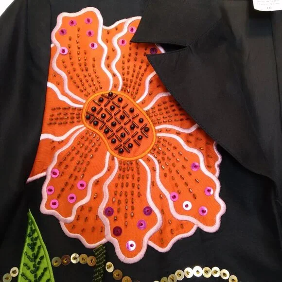 Y2K Vintage Black 100% Silk Jacket w Floral Textured Art Simply Stunning! Sz10 - Picture 2 of 14